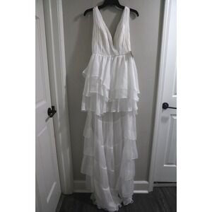 IEENA for Mac Duggal White Tiered Ruffle V-Neck Gown Formal Dress 55320 Size 6